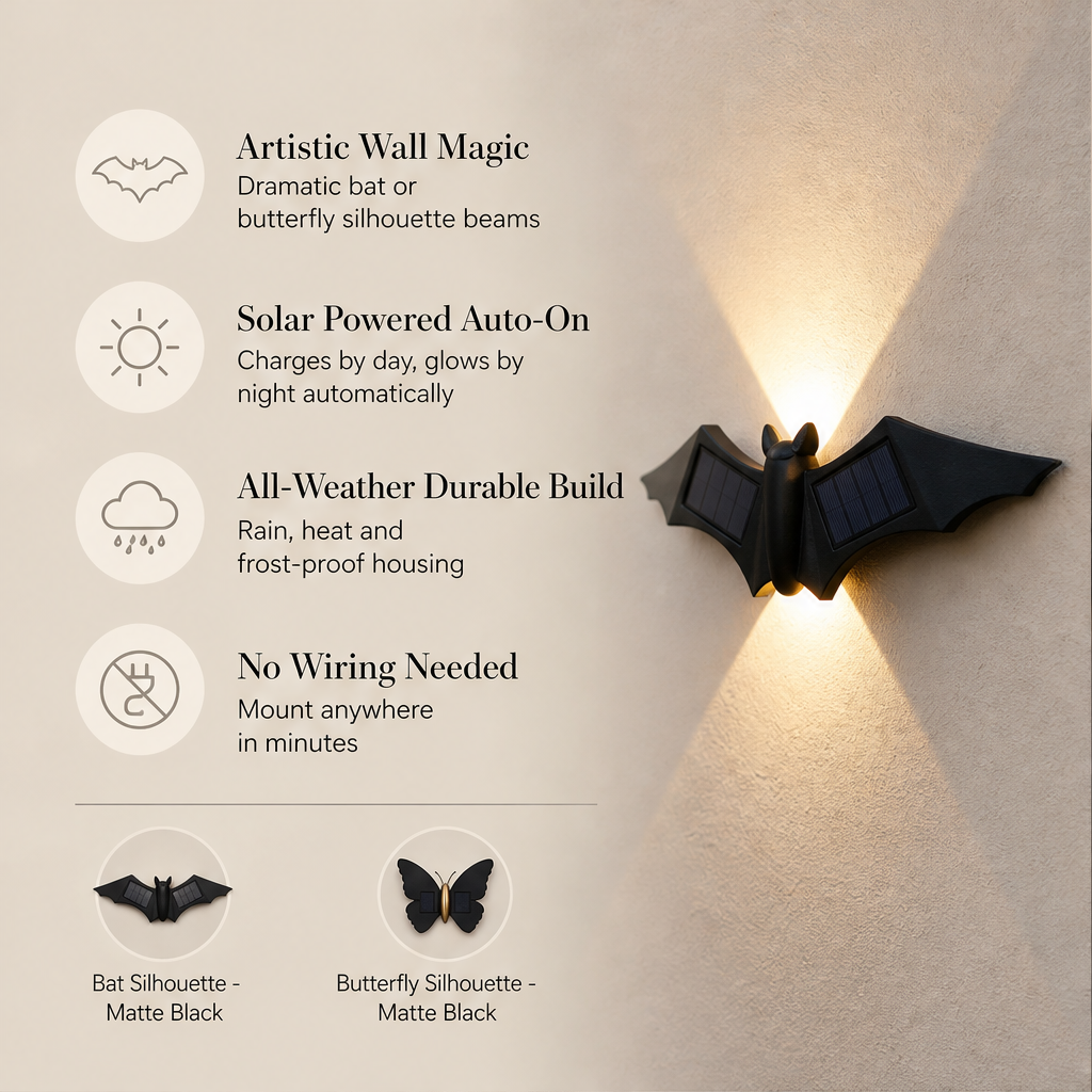 Mothglow – Solar Butterfly & Bat Silhouette LED Wall Sconce + 50% OFF features
