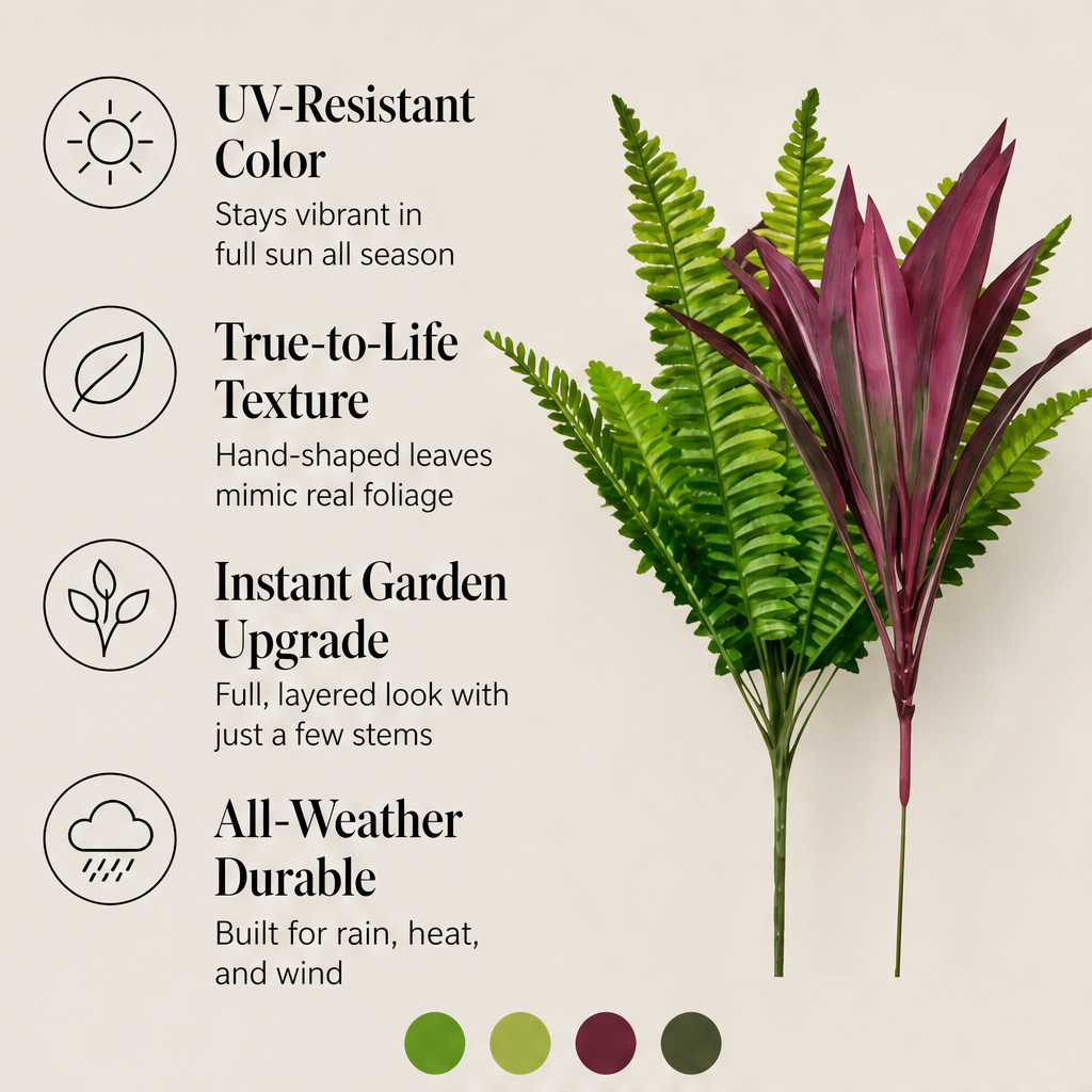 Fernlea Grove – UV-Resistant Fern & Red Dracaena Artificial Plant Set + 50% OFF features
