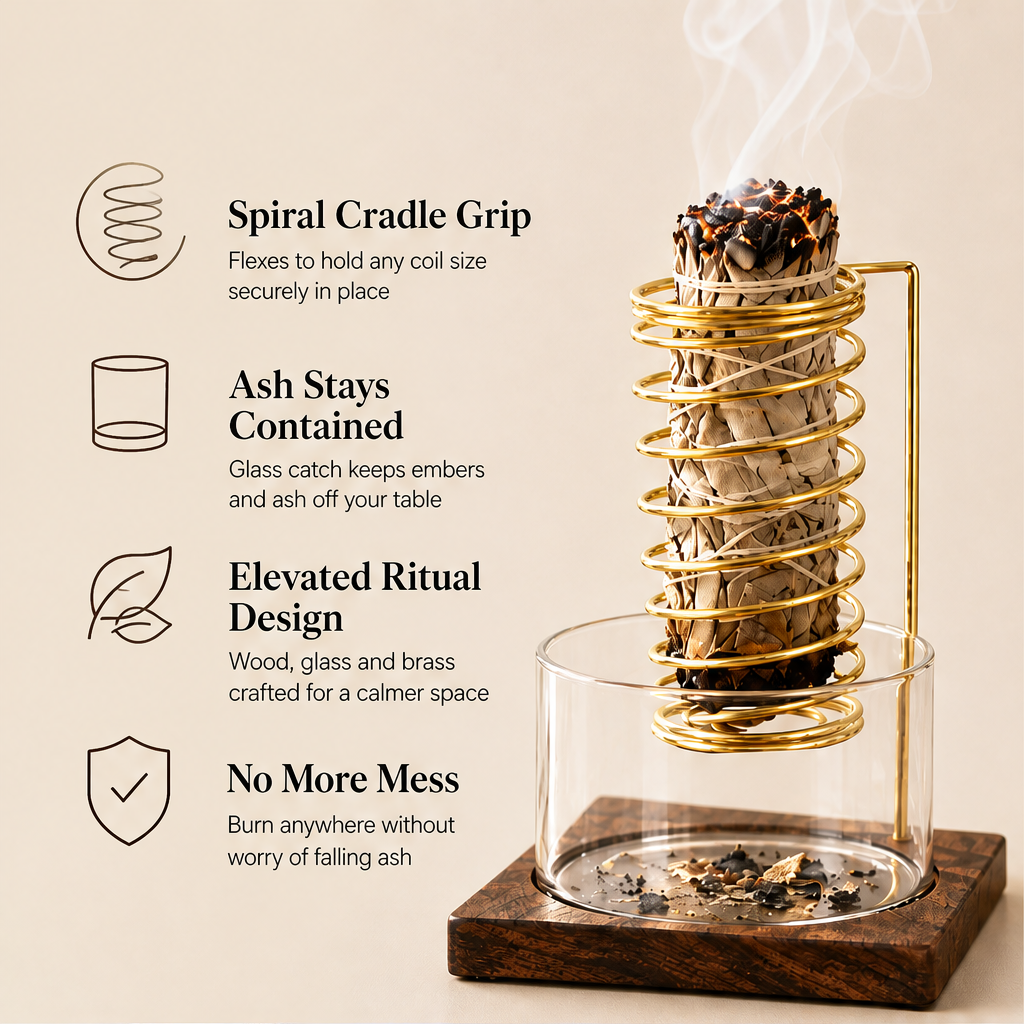 Emberholm – Spiral Coil Holder Mess-Free Glass Incense Burner + 50% OFF features