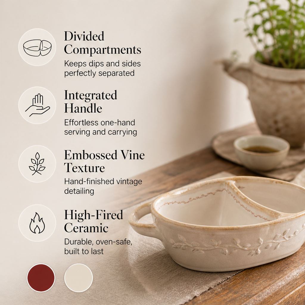 Olira Hearth – Divided Ceramic Serving Dish with Handle + 50% OFF features