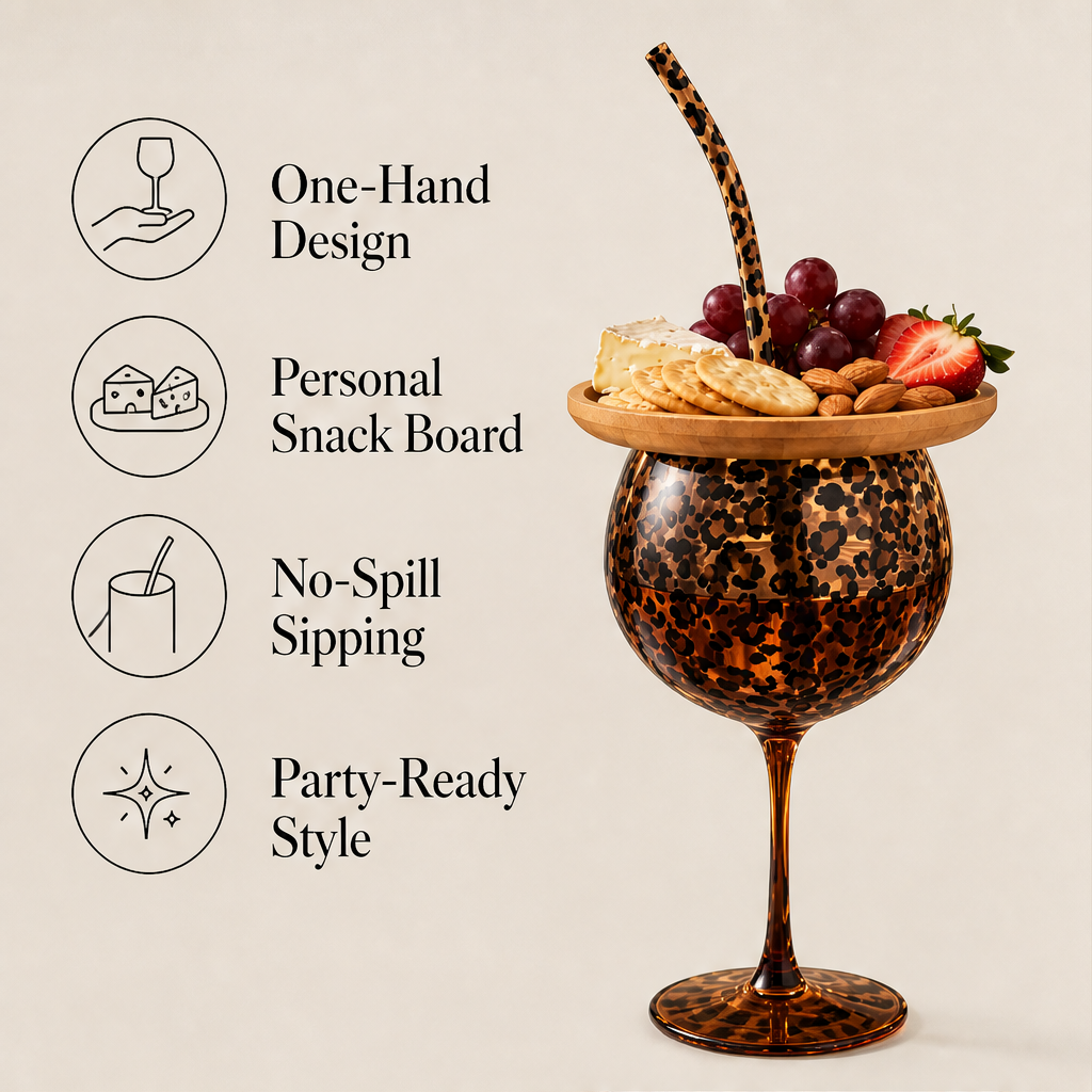 Pursette – 2-in-1 Leopard Print Wine Glass & Bamboo Snack Board Set + 50% OFF features