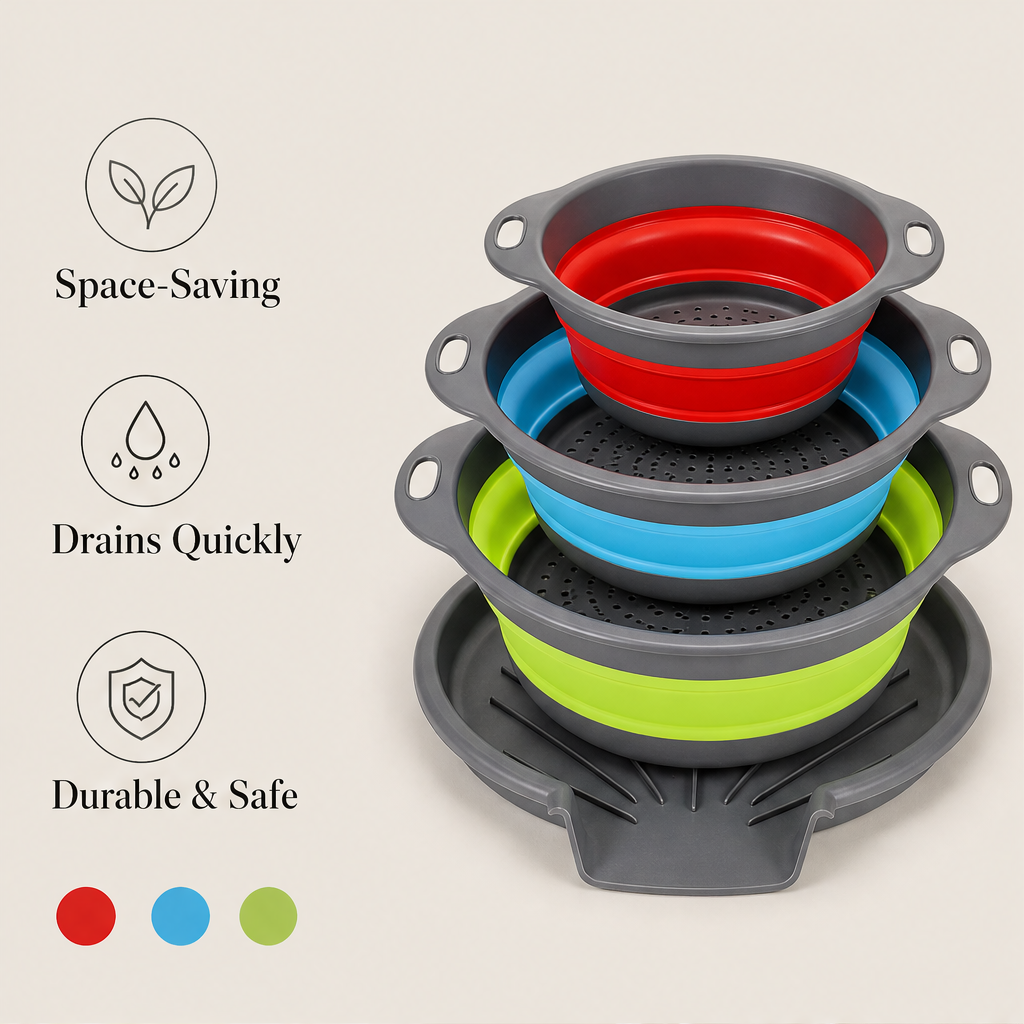 Foldwell – 3-Piece Collapsible Colander Set with Draining Base + 50% OFF features