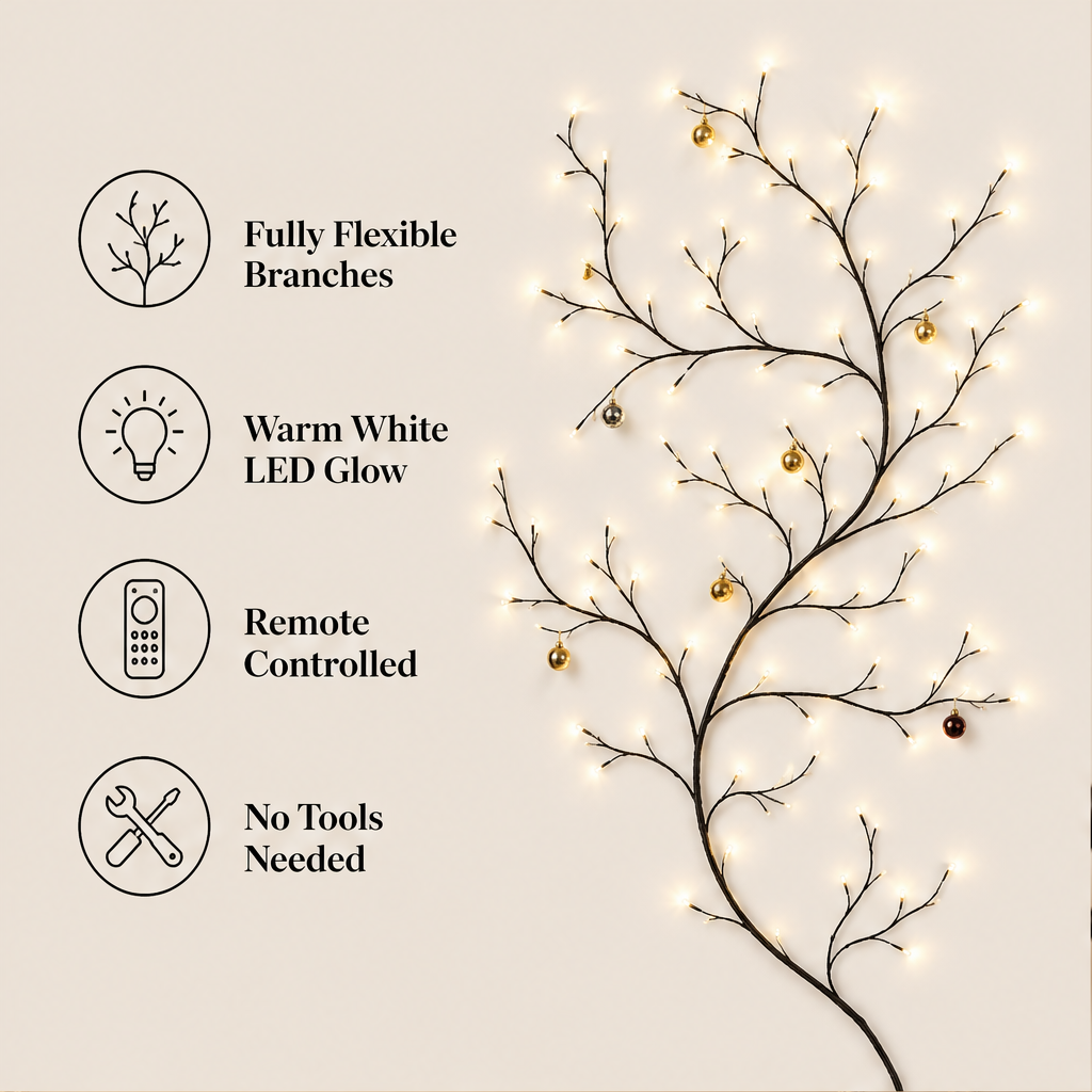 Glowvine – Flexible Branch LED Wall Light for Christmas Decor + 50% OFF features