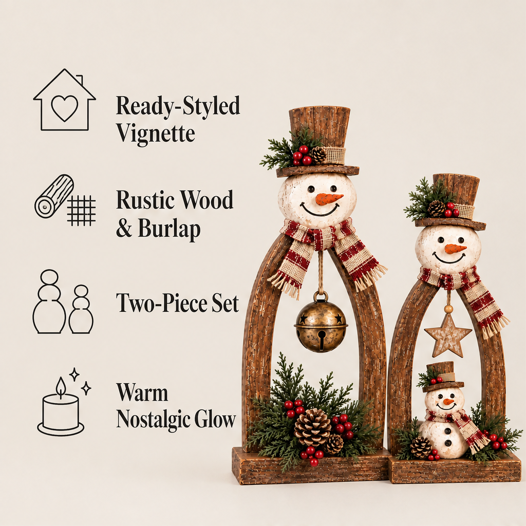 Hearthbury – Rustic Farmhouse Two-Piece Tabletop Snowman Decor Set + 50% OFF features