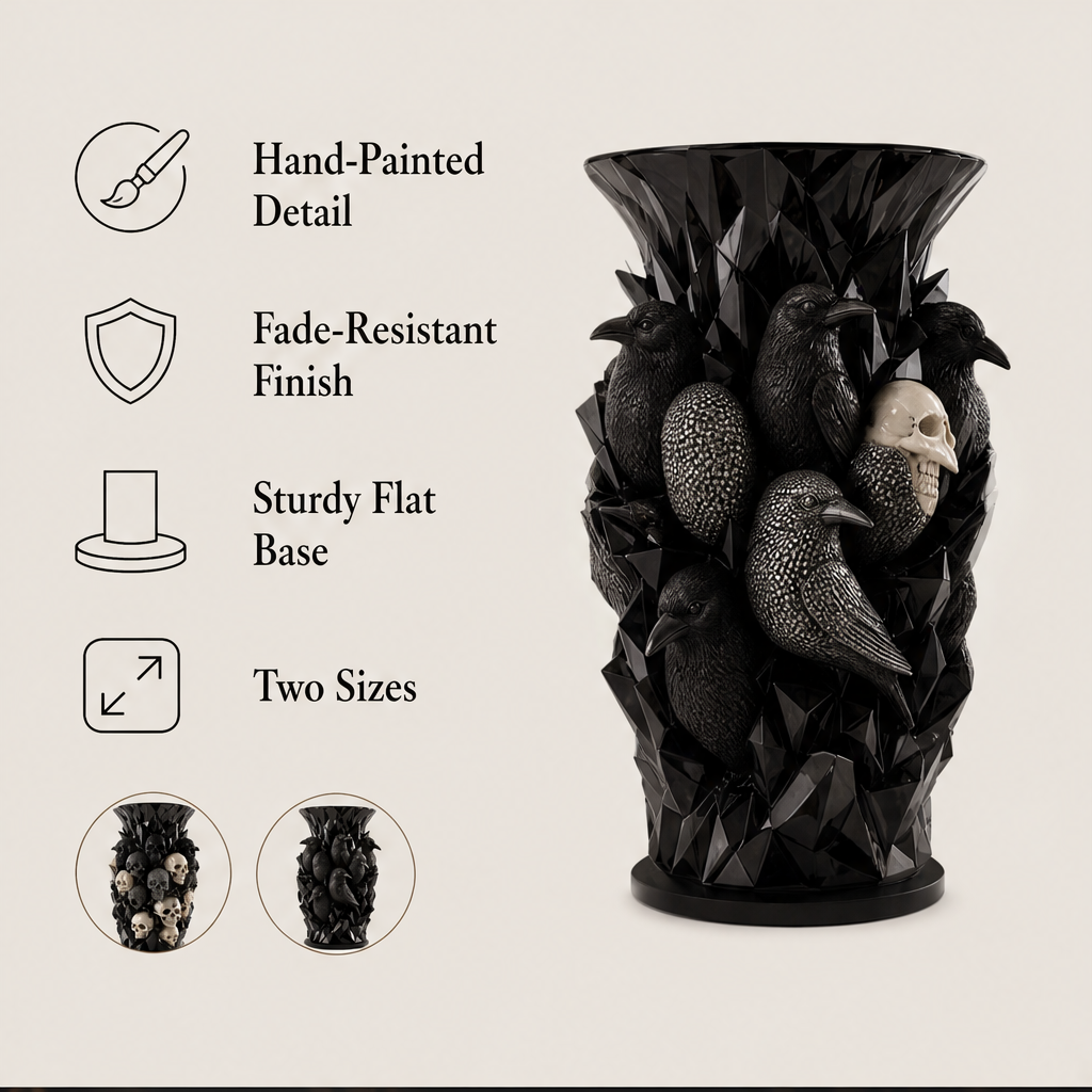 Duskmourn – Hand-Painted Skull & Crow Gothic Resin Vase + 50% OFF features