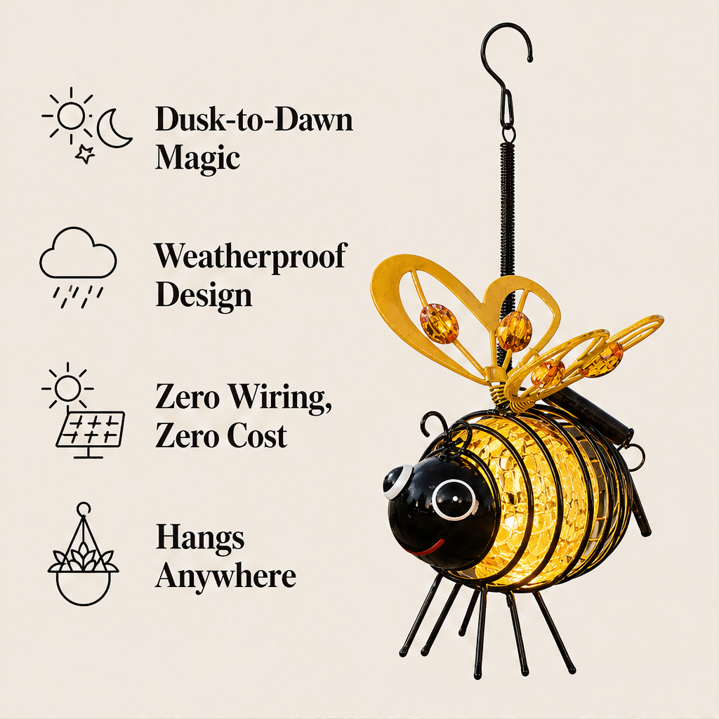 Buzzlume – Warm Amber Glow Flicker-Free Hanging Solar Bee Light + 50% OFF features