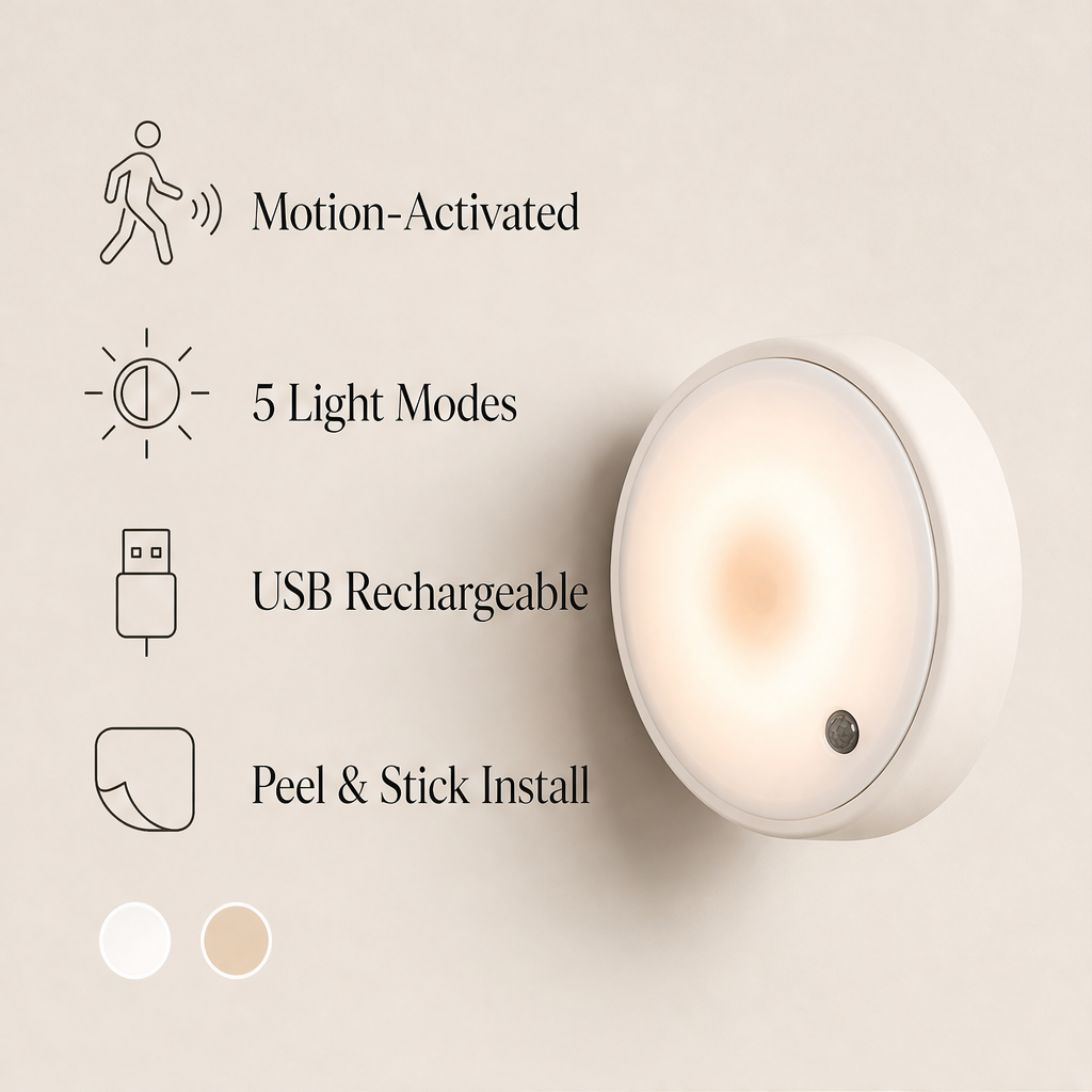 Beamora – Motion Sensor LED Night Light with 5 Modes, USB Rechargeable + 50% OFF features