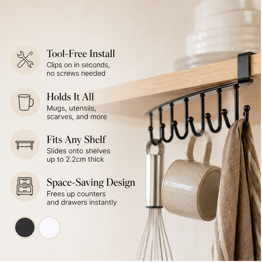 Hookmere – No-Drill 6-Hook Under Shelf Organiser Rack + 50% OFF features