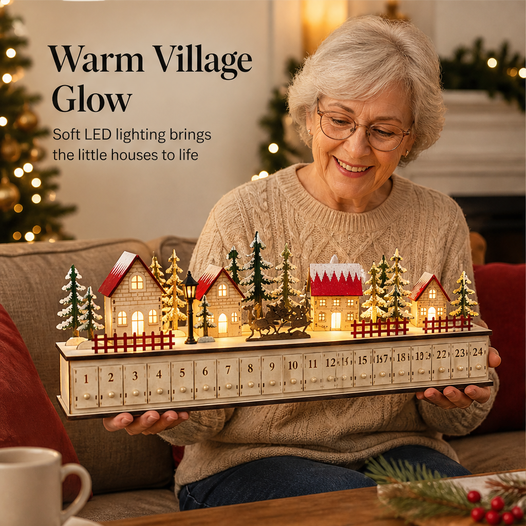 Hearthglow – 24 Pull-Out Drawers Lit Wooden Advent Village + 50% OFF features