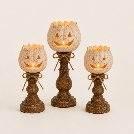 Hallowick – Rustic Linen Pumpkin Tealight Holder Set + 50% OFF White