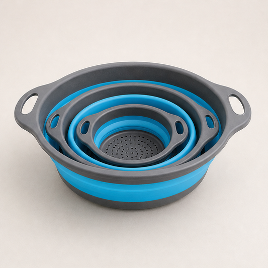 Foldwell – 3-Piece Collapsible Colander Set with Draining Base + 50% OFF Blue