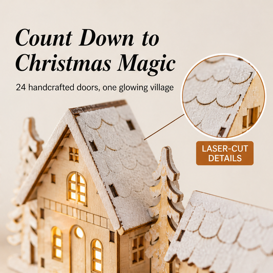 Wickfield – Lit Winter Village 24-Drawer Wooden Advent Calendar + 50% OFF features