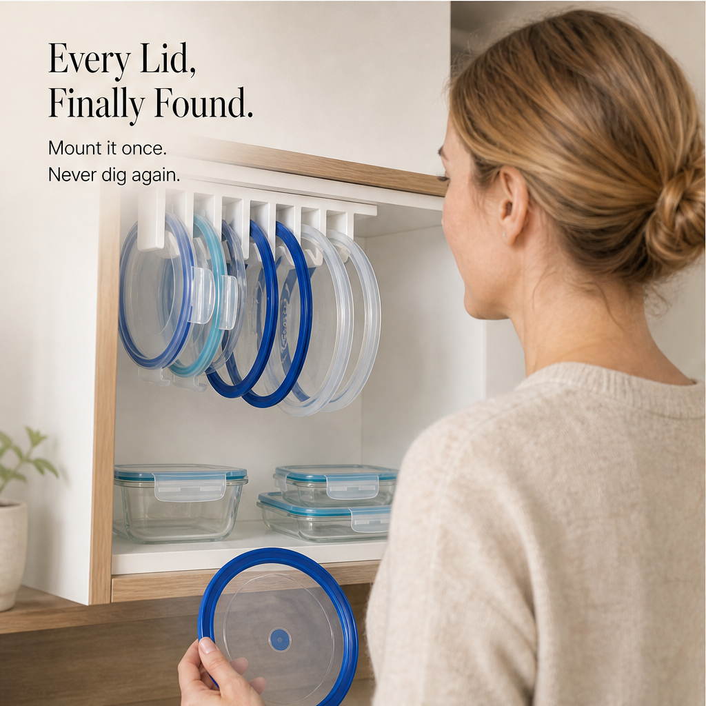 Lidholm – No-Drill Under-Shelf Tupperware Lid Organizer Stand + 50% OFF features