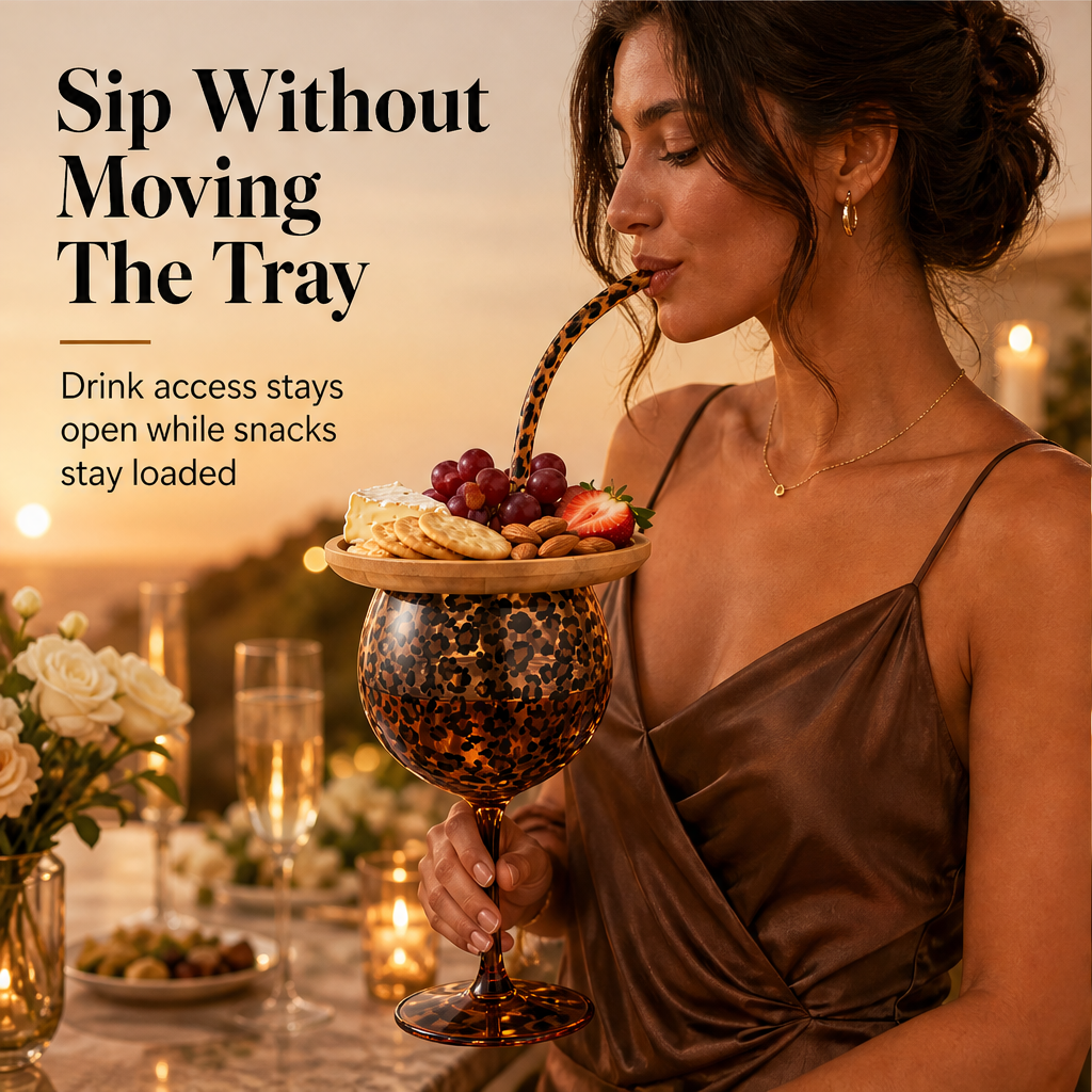 Pursette – 2-in-1 Leopard Print Wine Glass & Bamboo Snack Board Set + 50% OFF features