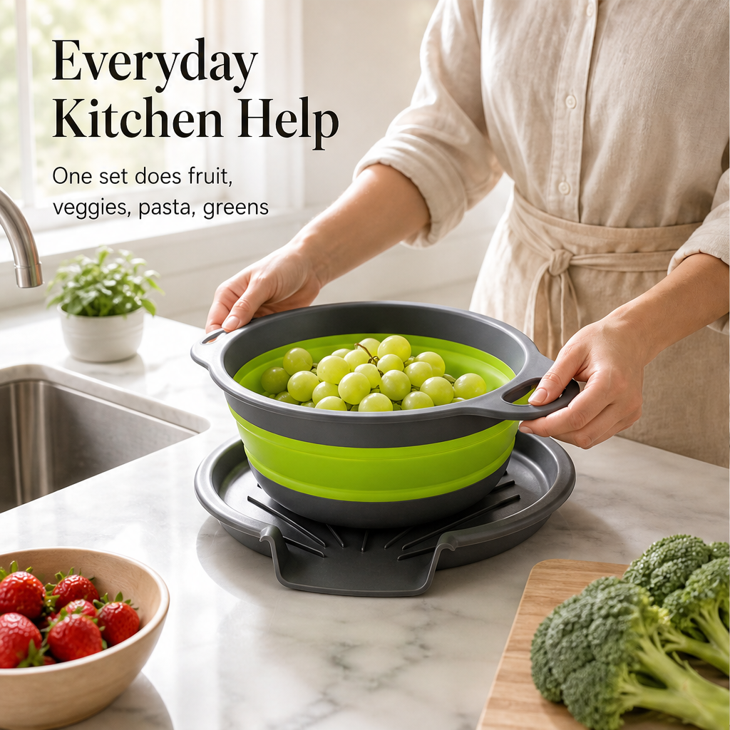 Foldwell – 3-Piece Collapsible Colander Set with Draining Base + 50% OFF features