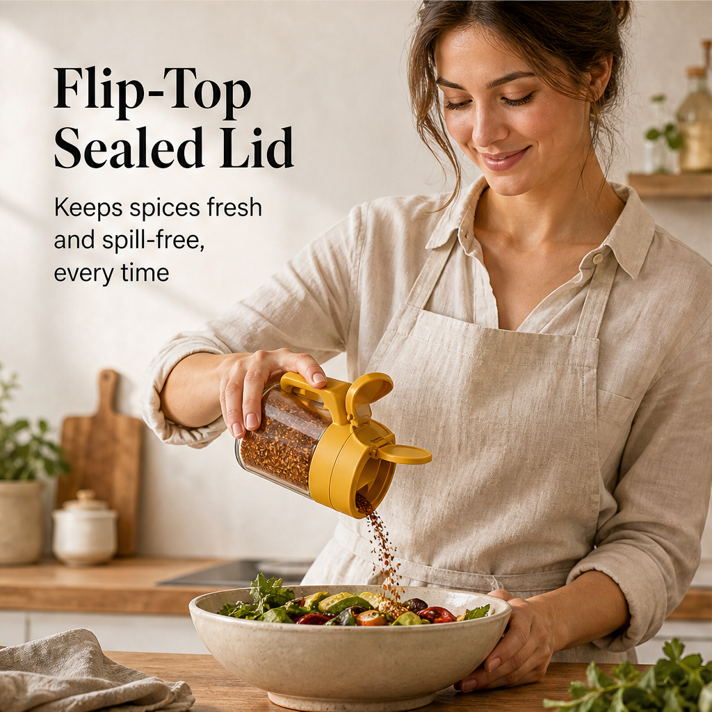 Spicenook – Built-In Spoon, Flip Lid, Mess-Free Glass Spice Jar + 50% OFF features
