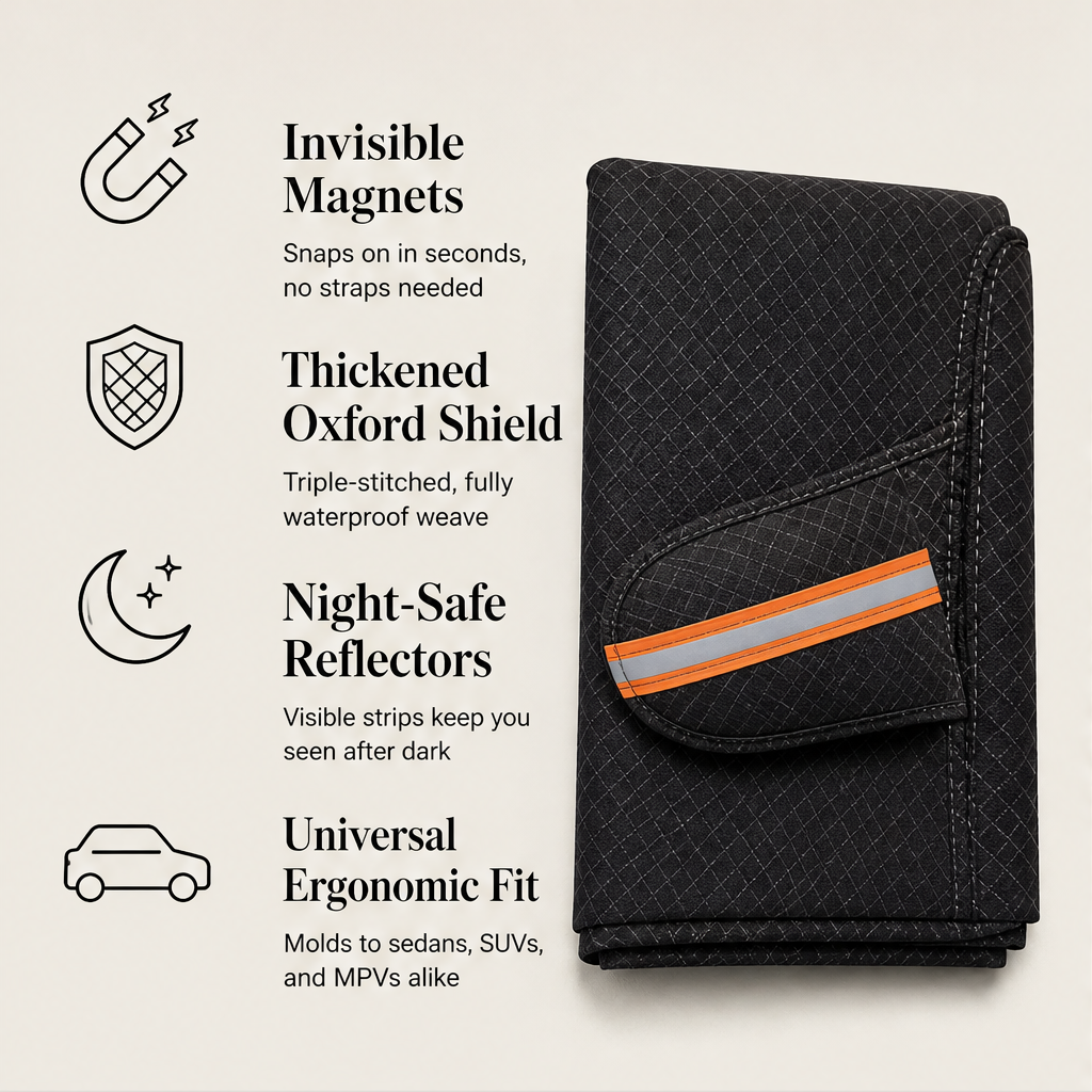 Frostguard – Magnetic Snow & Sun Windshield Cover with Reflective Strips + 50% OFF features