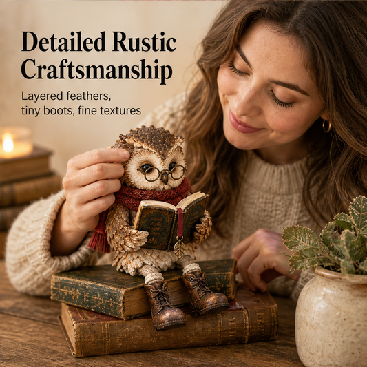 Hollowbrook – Reading Owl Figurine with Scarf and Boots + 50% OFF features