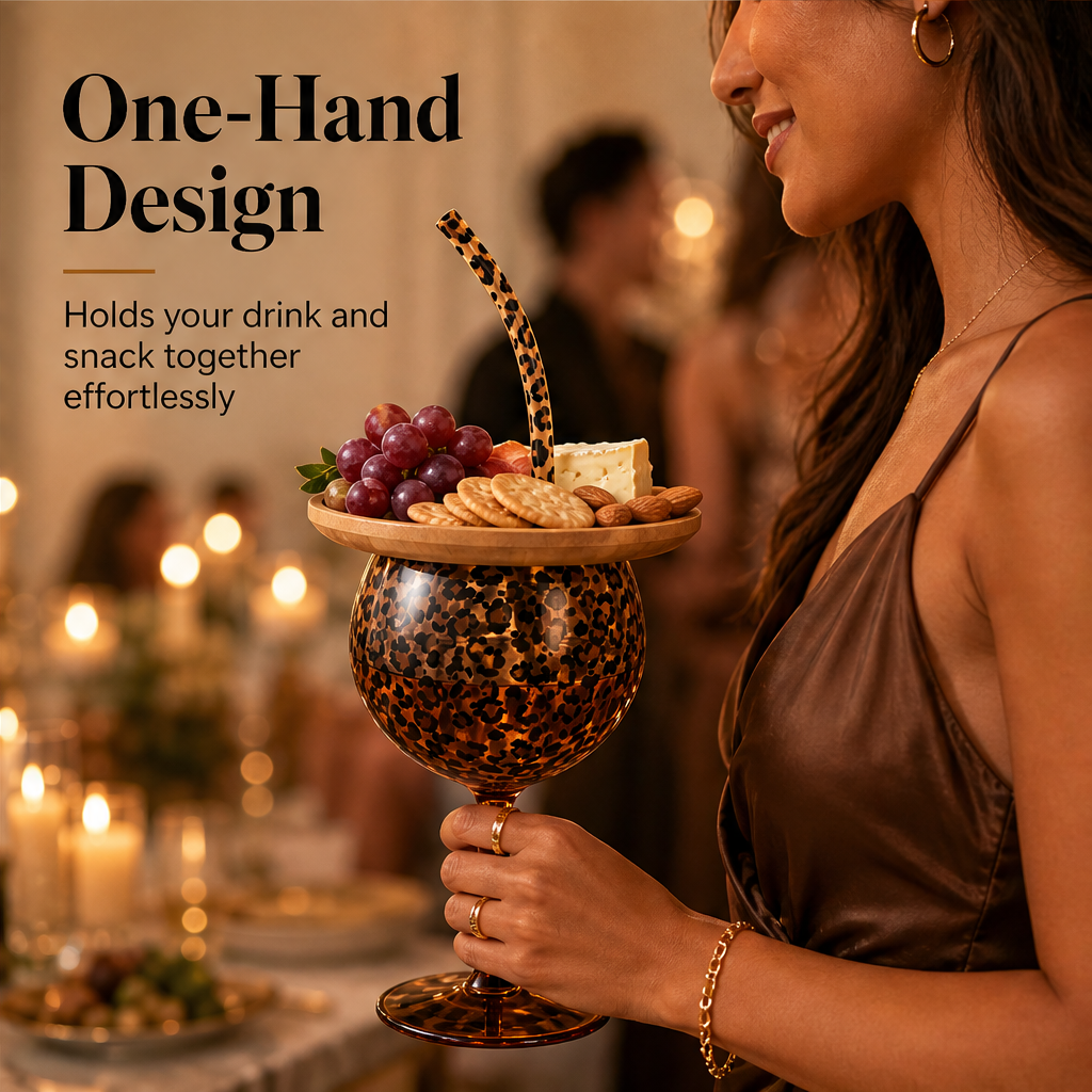Pursette – 2-in-1 Leopard Print Wine Glass & Bamboo Snack Board Set + 50% OFF features