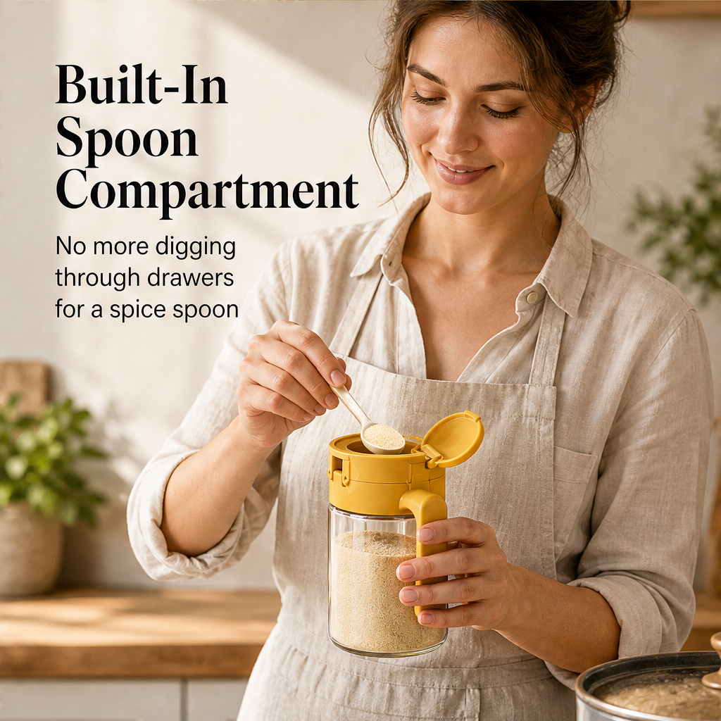 Spicenook – Built-In Spoon, Flip Lid, Mess-Free Glass Spice Jar + 50% OFF features