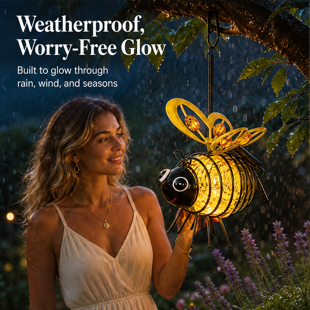 Buzzlume – Warm Amber Glow Flicker-Free Hanging Solar Bee Light + 50% OFF features