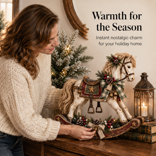 Farrowbrook – Distressed Whitewash Rocking Horse Christmas Tabletop Decor + 50% OFF features