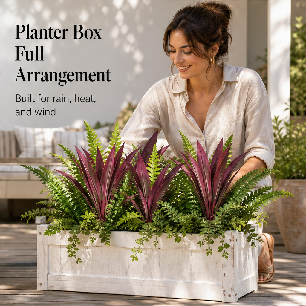 Fernlea Grove – UV-Resistant Fern & Red Dracaena Artificial Plant Set + 50% OFF features