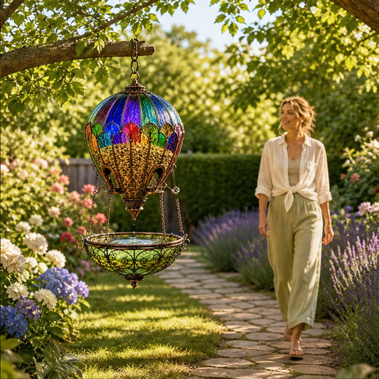 Skyglass Haven – Stained Glass Hot Air Balloon Bird Feeder & Bath + 50% OFF lifestyle