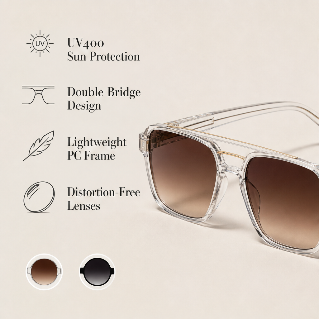 Vueretta – Retro Double-Bridge UV400 Square-Frame Sunglasses + 50% OFF features