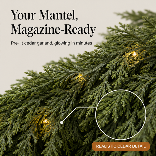 Cedarwick – Pre-Lit Realistic Cedar Garland with 50 Warm LED Lights + 50% OFF features