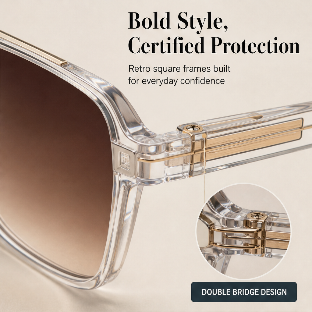 Vueretta – Retro Double-Bridge UV400 Square-Frame Sunglasses + 50% OFF features