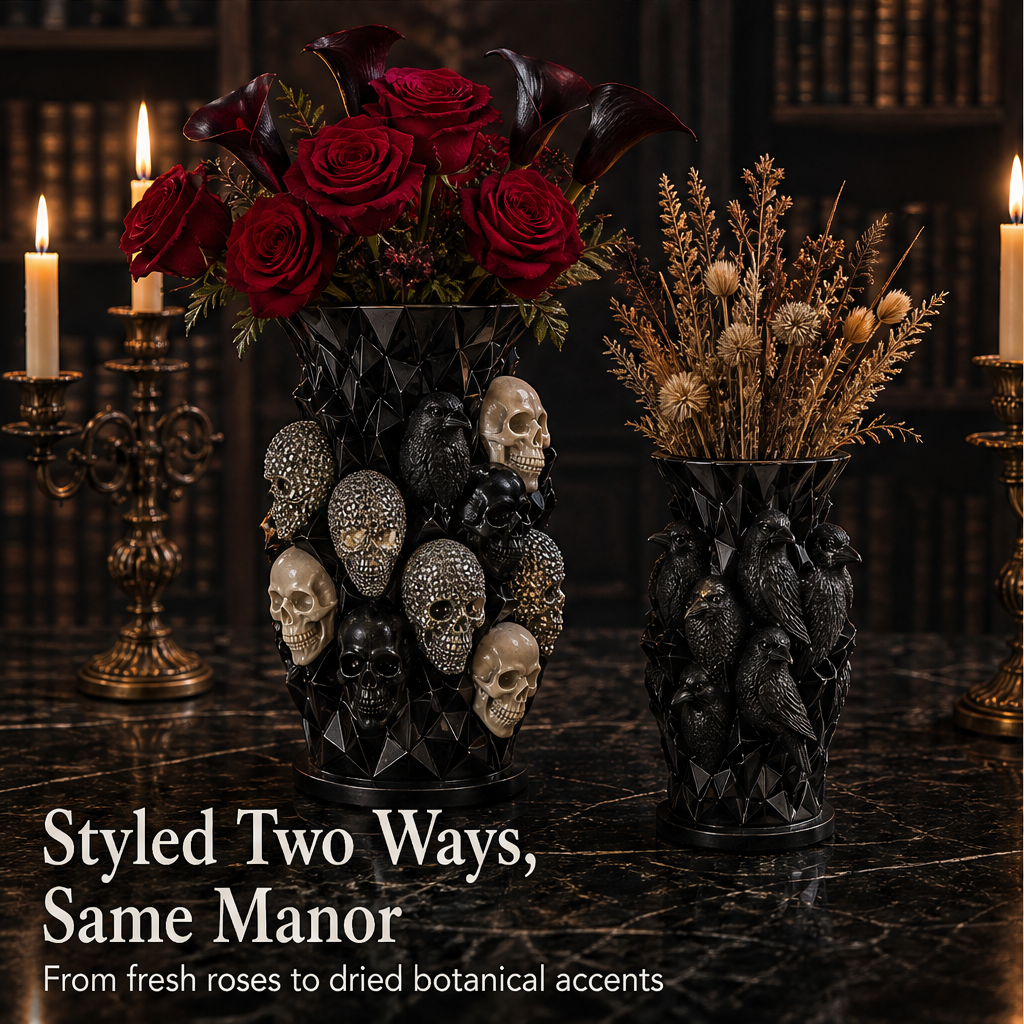 Duskmourn – Hand-Painted Skull & Crow Gothic Resin Vase + 50% OFF detail