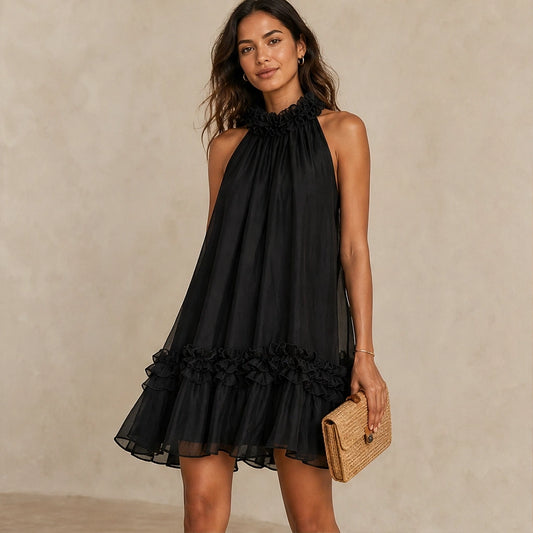 Soirelle™ – Ruffle-Neck Chiffon Sleeveless Mini Dress + 50% OFF