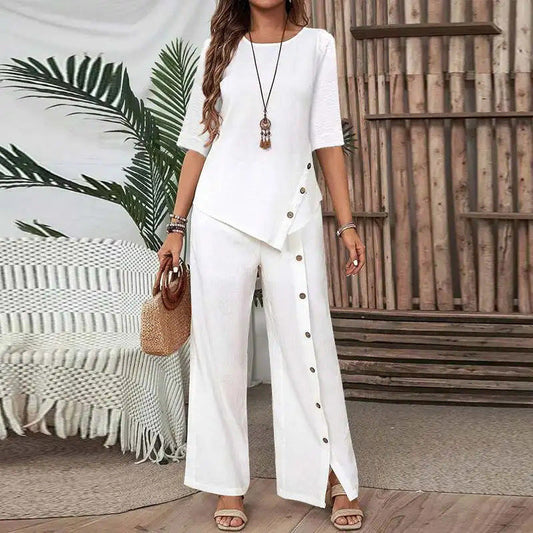 Drapelle™ – Asymmetric Drape Top & Wide-Leg Pants 2-Piece Set + 50% OFF