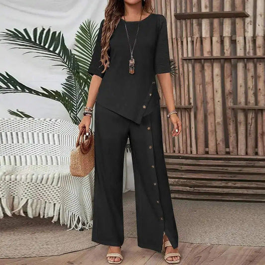 Drapelle™ – Asymmetric Drape Top & Wide-Leg Pants 2-Piece Set + 50% OFF