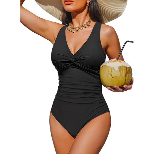 Marésa™ – Tummy-Control One-Piece Swimsuit with Ruched Panel & V-Neck + 50% OFF