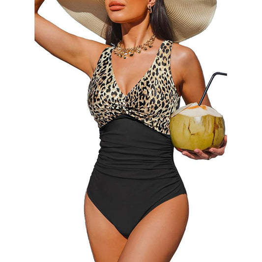 Marésa™ – Tummy-Control One-Piece Swimsuit with Ruched Panel & V-Neck + 50% OFF