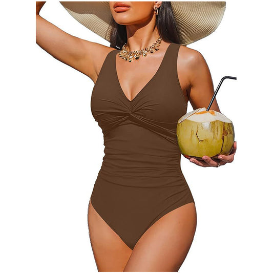 Marésa™ – Tummy-Control One-Piece Swimsuit with Ruched Panel & V-Neck + 50% OFF
