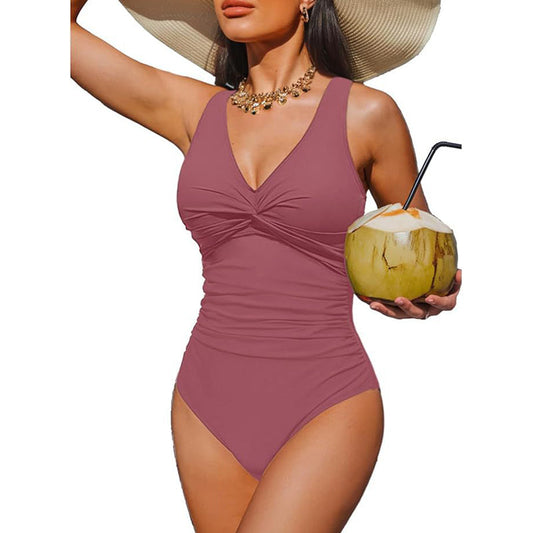 Marésa™ – Tummy-Control One-Piece Swimsuit with Ruched Panel & V-Neck + 50% OFF