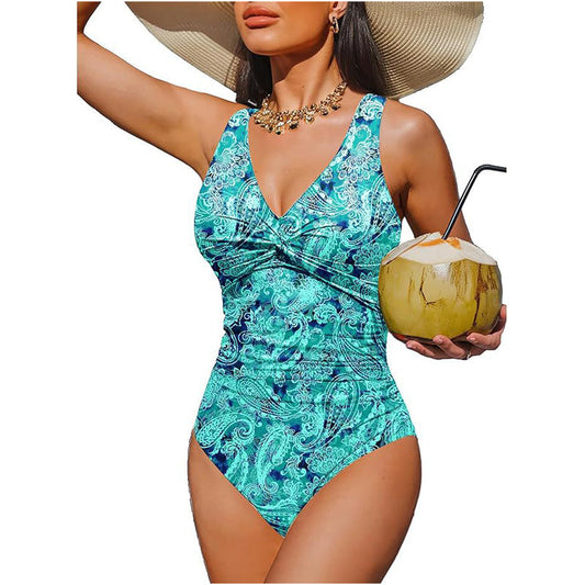 Marésa™ – Tummy-Control One-Piece Swimsuit with Ruched Panel & V-Neck + 50% OFF