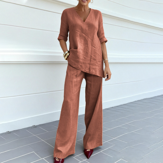 Linelle™ – Breathable Cotton-Linen V-Neck Tunic & Wide-Leg Pant Set + 50% OFF