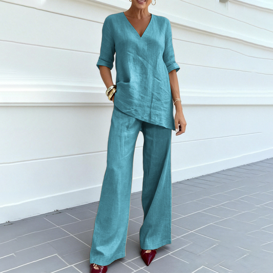 Linelle™ – Breathable Cotton-Linen V-Neck Tunic & Wide-Leg Pant Set + 50% OFF
