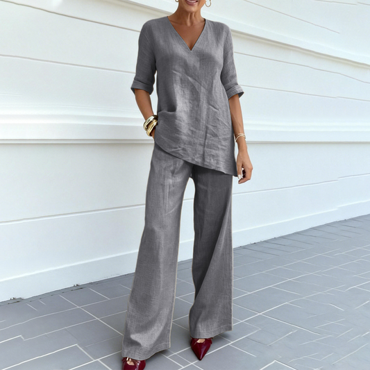 Linelle™ – Breathable Cotton-Linen V-Neck Tunic & Wide-Leg Pant Set + 50% OFF