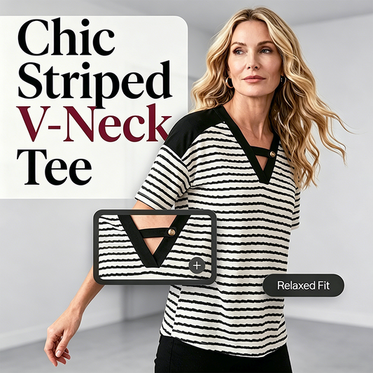 Soliane™ – Criss-Cross V-Neck Striped Color-Block Tee + 50% OFF