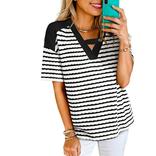 Soliane™ – Criss-Cross V-Neck Striped Color-Block Tee + 50% OFF