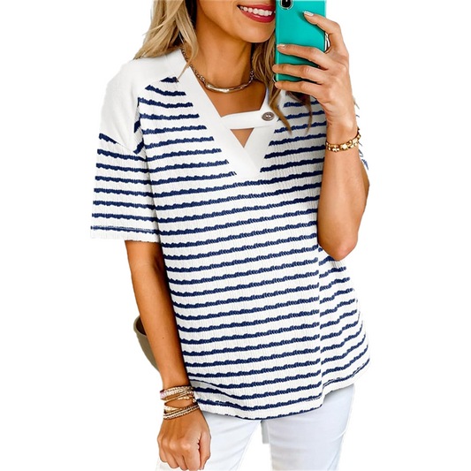 Soliane™ – Criss-Cross V-Neck Striped Color-Block Tee + 50% OFF