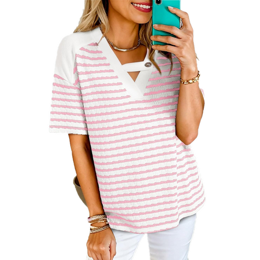 Soliane™ – Criss-Cross V-Neck Striped Color-Block Tee + 50% OFF