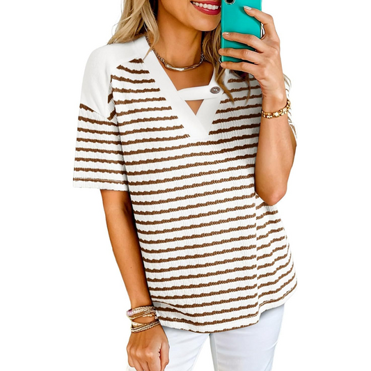 Soliane™ – Criss-Cross V-Neck Striped Color-Block Tee + 50% OFF