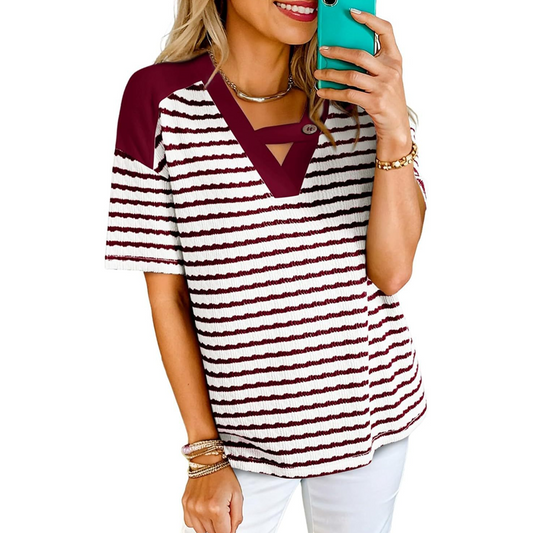 Soliane™ – Criss-Cross V-Neck Striped Color-Block Tee + 50% OFF