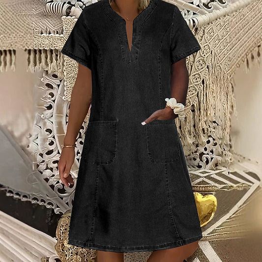 Hawthorne™ – V-Neck Short-Sleeve Denim Dress with Pockets + 50% OFF